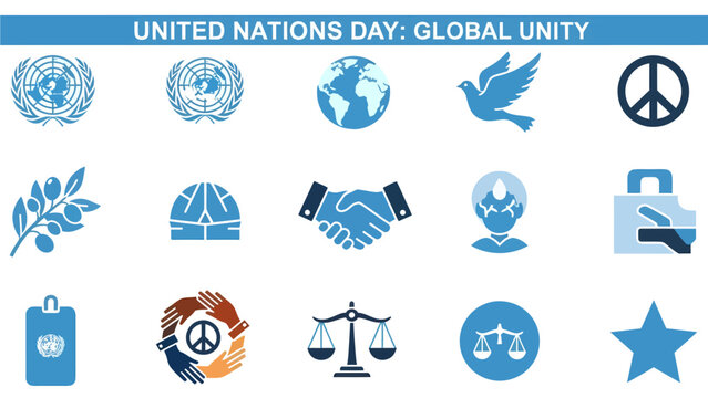 Blue icons representing United Nations themes displayed in three rows of five