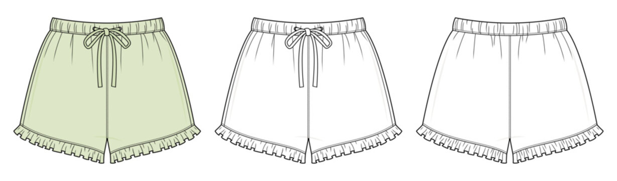 2026 Soft-Girl Ruffle Hem Shorts Technical Fashion Illustration. Playful Flared Mini Shorts with Elastic Waistband. Front and Back View. Feminine Summer Streetwear CAD Mockup.
