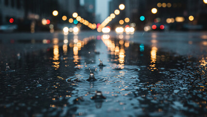 People walking through the blurred city street at night amidst bright Christmas lights, traffic bokeh, and the abstract motion of cars shining with festive holiday decoration