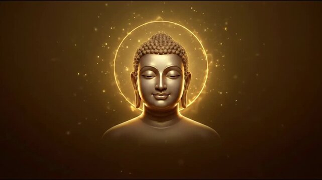 A serene golden mahavir statue meditating in a stylized 3d render, glowing warmly against a dark background for janma kalyanak.