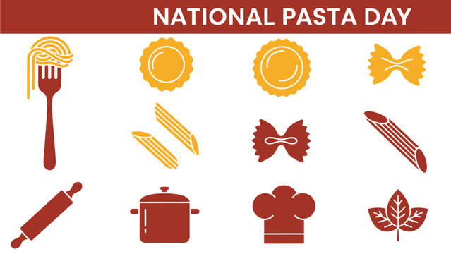 Red and yellow icons celebrating National Pasta Day including pasta shapes and cooking tools