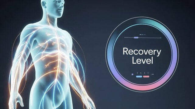 Body Recovery Level: A detailed view of the human body highlights the recovery level gauge, showing the internal nervous system and a display of overall health status. 