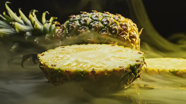Sliced pineapple with smoke effect, a delicious tropical fruit, close-up shot.