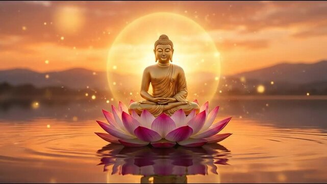 Golden mahavir meditating on a lotus flower, glowing in a spiritual orange sunset, celebrating janma kalyanak.