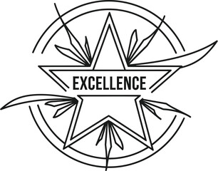 Black and white minimalist line art emblem featuring a five pointed star graphic adorned with decorative flourishes and the prominent word excellence centered within the design