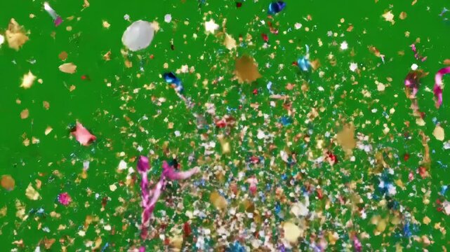 Green Screen splash convety animated explosion celebration wedding party birthday launching new year background 4k looping scene 2 with distortion, overlay, glitch, static noise, scan lines on black