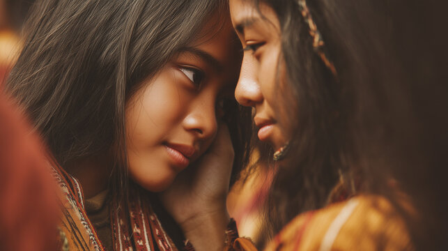 The Kaamulan Festival in Malaybalay City, Bukidnon, Philippines, showcases two young women with dark hair and colorful traditional clothing, exuding emotions and culture.