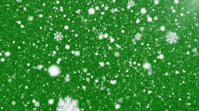 Green Screen snow snowflakes rendered animation of snowing falling background scene 2 with distortion, overlay, glitch, static noise, scan lines on black background, 4k animated video loop
