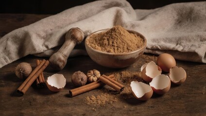 Still life of spices, cinnamon, eggshells, and bowl of powder