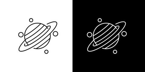 Stylized icon illustration of planet Saturn with its rings and moons, presented in both black and white versions for versatile design applications © Tifany