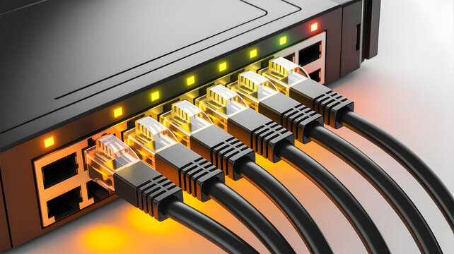 Closeup of network switch with multiple cables connected to it