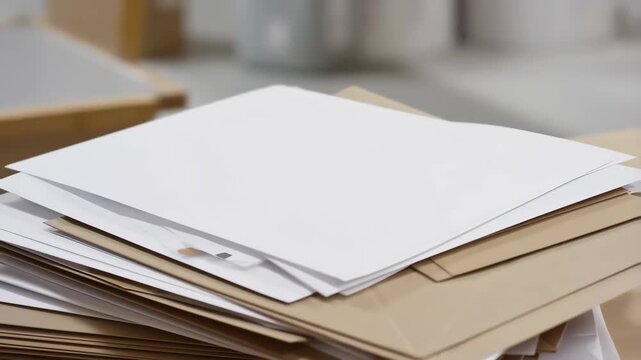 Stack of blank white paper sheets on office desk closeup