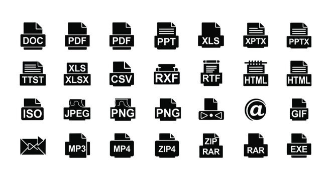 Collection of various common file type icons in monochrome style