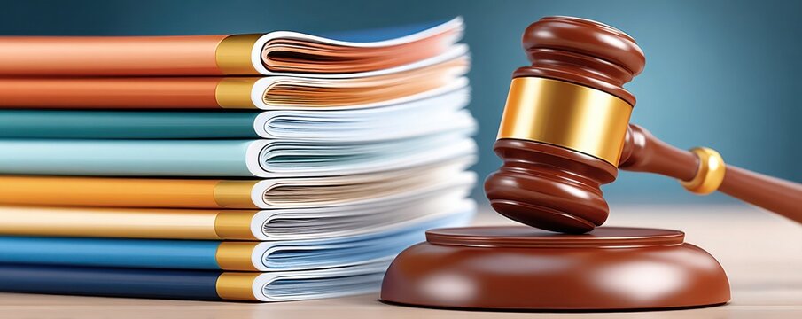 Gavel resting on a stack of colorfully folded papers in a courtroom setting