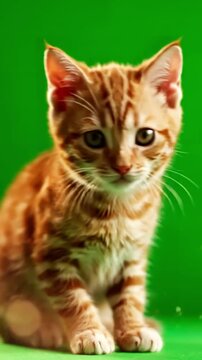 Green Screen orange kitten looks in different directions on a scene 2 with distortion, overlay, glitch, static noise, scan lines black background, 4k animated video loop