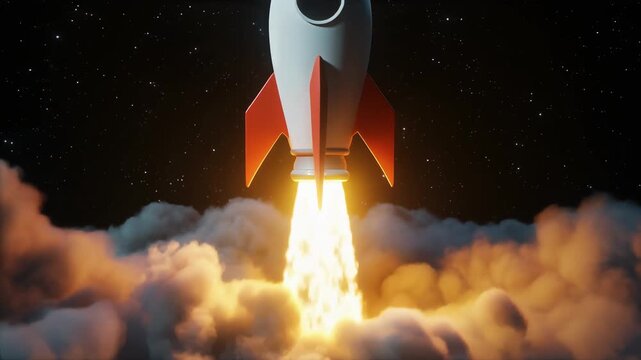 Stylized rocket launching into space, surrounded by clouds and stars, with flames and smoke billowing from the engines