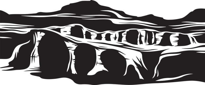 Black and white illustration of rocky shoreline landscape scene