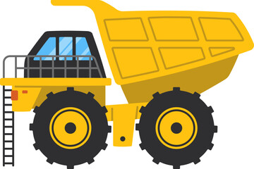 Yellow dump truck with large wheels and black tires isolated on white background.