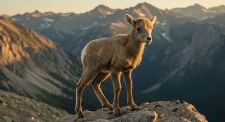 Obraz premium Young mountain goat stands atop a rocky peak with mountainous background