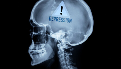 X-ray image of a head and warning of depression