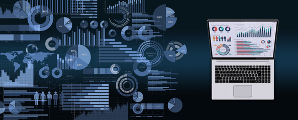 ビジネスデータを表示するノートPCと様々なグラフやチャート、ビジネスデータを分析・検討するイメージ