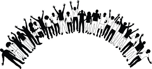Fototapeta premium Silhouettes of diverse people celebrating in semi-circular formation with raised arms and alternating black-white attire