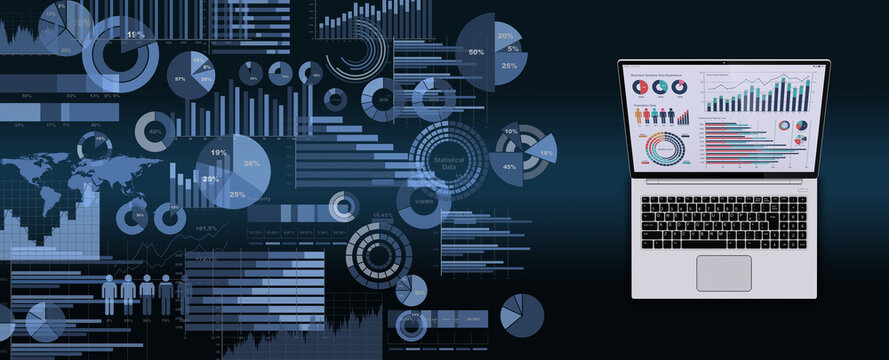 ビジネスデータを表示するノートPCと様々なグラフやチャート、ビジネスデータを分析・検討するイメージ