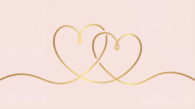 Continuous line art two hearts on blush background, minimalist golden love symbol, wedding invitation design