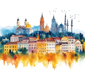 Obraz premium Watercolor Painting of European Cityscape with Hills and Autumn Trees town