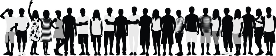 Silhouettes of diverse individuals in varied attire and poses standing in horizontal lineup for demographic or design themes
