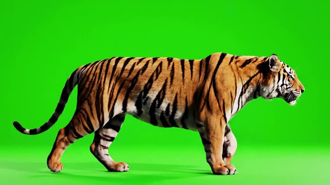 Green Screen tiger slowly walking seamlessly looped on real shot isolated chroma key perfect for digital composition cinema 3d mapping scene 2 with distortion, overlay, glitch, static noise, scan