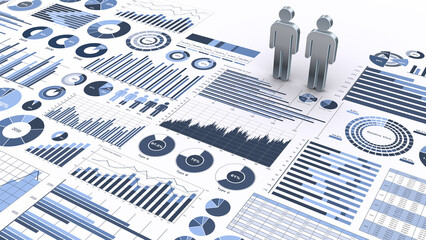 ビジネスチャートやグラフと2体の人型アイコン