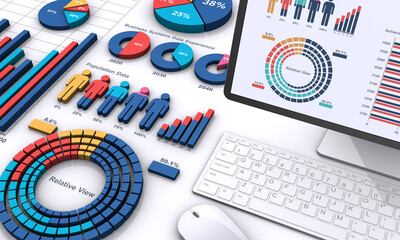 3Dのビジネスグラフとデスクトップパソコン