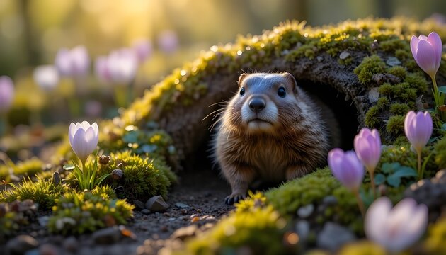 Adorable groundhog peeks cautiously from its mossy burrow entrance surrounded by delicate purple crocus flowers blooming in the warm golden sunlight of early spring