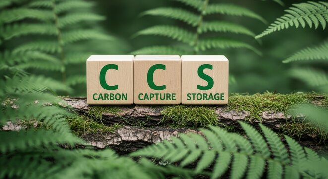 Ccs carbon capture storage blocks on green fern background