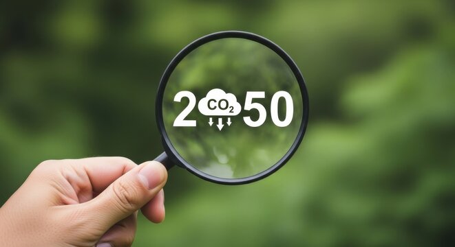 Hand holding magnifying glass with co2 reduction text on green background