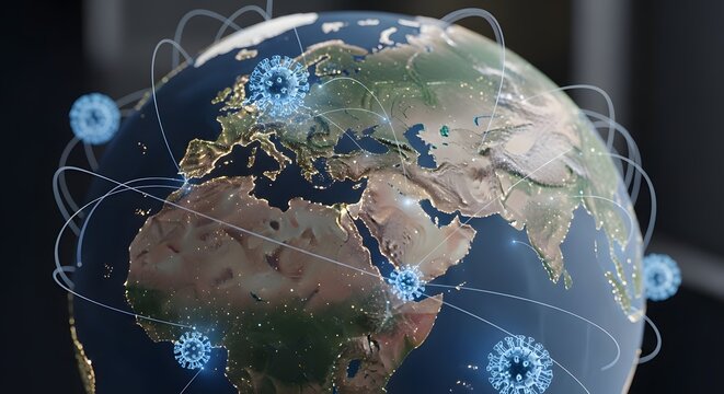 Global pandemic spread concept with 3d earth map and blue virus particles orbiting continents on dark background