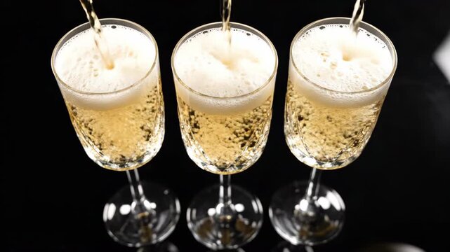 Perfect overhead static view of three crystal champagne flutes arranged in a triangle formation as they are simultaneously filled with a clear golden liquid pouring, smooth surface, geometric