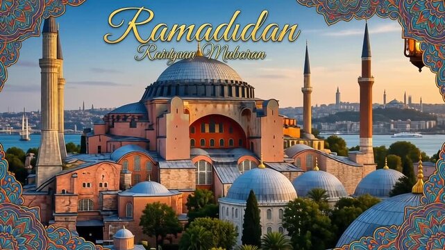 Photorealistic 8K 3D Render of Hagia Sophia Mosque with Golden Light and Ramadan Atmosphere