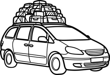 Black and white line drawing of a car overloaded with luggage travel transport