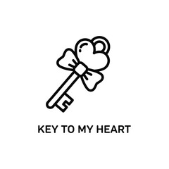 Black line art key with heart bow and text key to my heart love romance