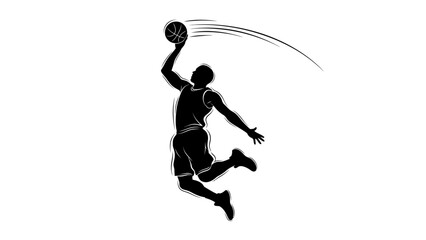 A silhouette of a male basketball player jumping to dunk a ball with motion lines, against a clean white background.