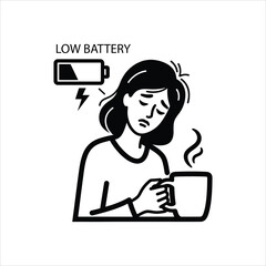 Sad woman holding mug with low battery symbol and lightning bolt coffee