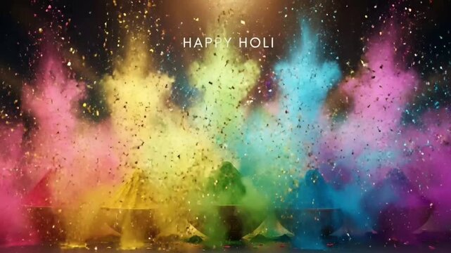 Holi colorful powder bowls animation with vibrant gulal under dramatic light celebrating indian festival culture joy emotion festive greeting motion design