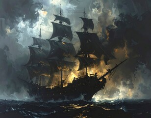 Epic tall ship battling turbulent sea beneath glowing storm clouds with fantasy cinematic style