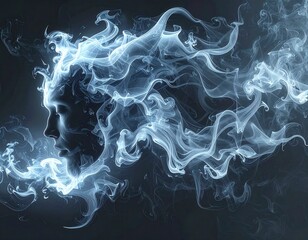Serene female profile formed from flowing white smoke with calm surreal and dreamy atmosphere