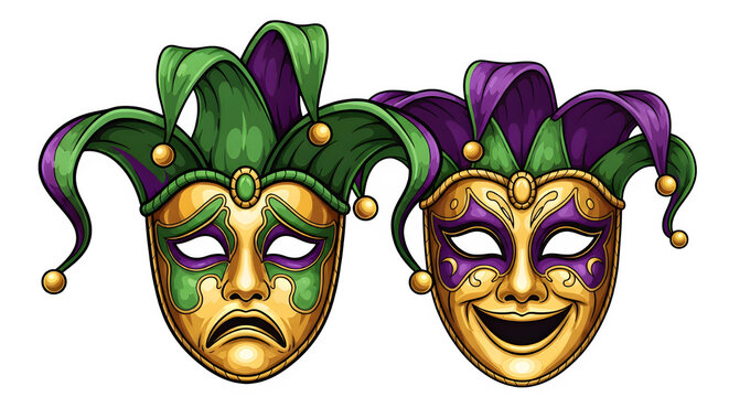 Two mardi gras jester masks isolated on transparent background