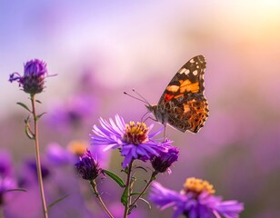 A vibrant butterfly rests on a purple aster in a sunlit field, its wings displaying intricate patterns and colors