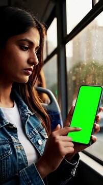 Green Screen young woman hold use phone sitting in bus touch telephone public communication vertical smartphone adult finger chroma urban cellphone application digital scrolling slow motion scene 2