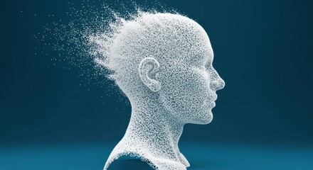 Obraz premium A white silhouette of a human head made of particles on a blue background